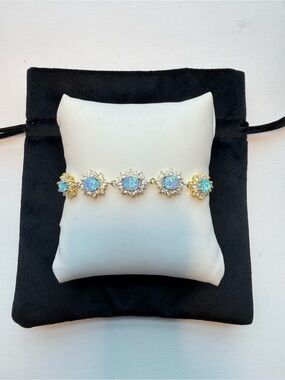 Gold Plated Blue Opal Demi Fine Halo Bracelet with Crystals